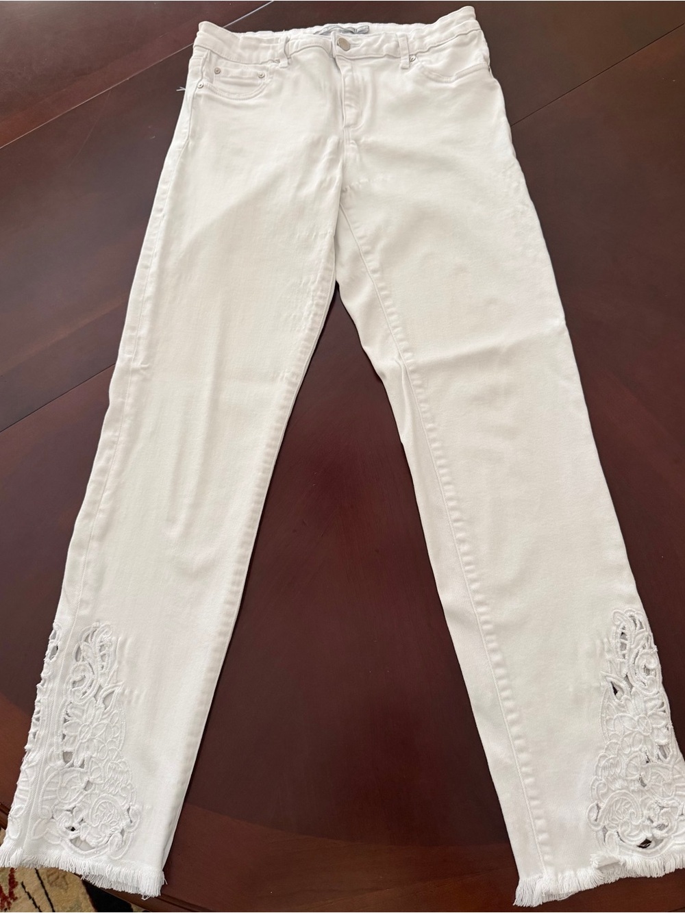 Tractr White Straight-Leg Jeans with Embroidered Fringe Hem